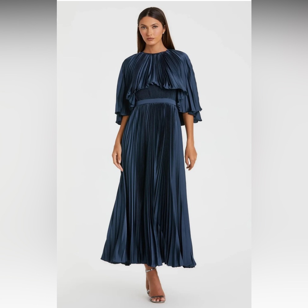 Mac Duggal Navy Pleated Caplet Tea-length Dress